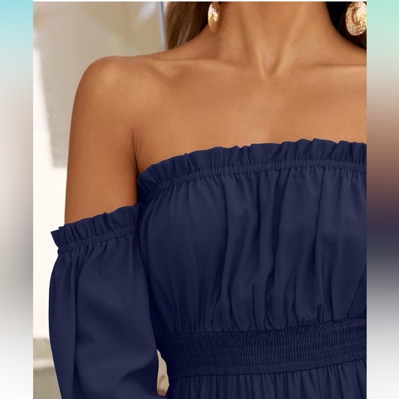 Off Shoulder Long Sleeve Smocked High Waist Side Split Flowy Long Maxi Dress - Picture 2 of 6